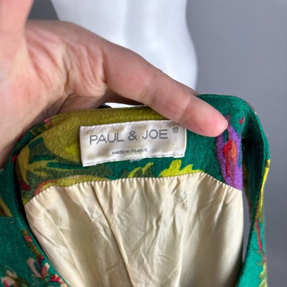 Vtg 90s Paul & Joe Wool Dress Green Belt Floral Sheath V-Neck Womens Size Medium - Picture 6 of 6